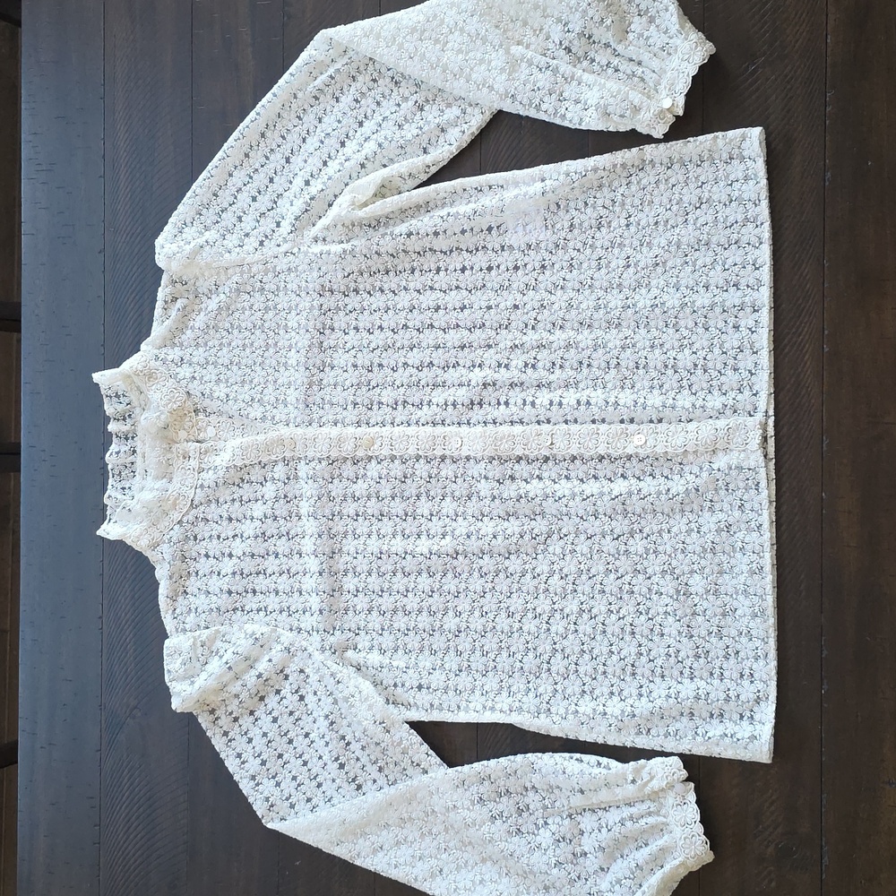 Sezane Cathy Ecru Lace Blouse Ruffle Stand Collar Cream Long Sleeve Button Down - Picture 3 of 11